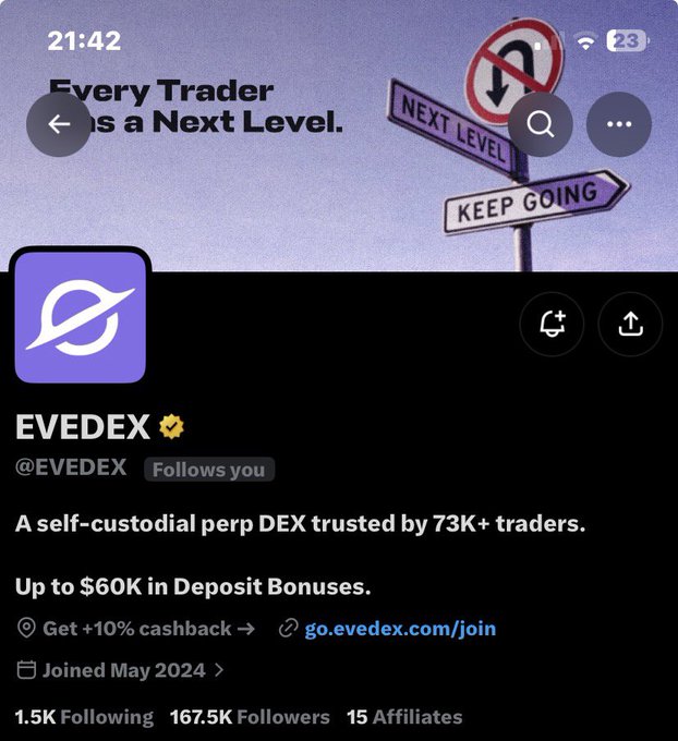 An X/Twitter profile page for 'EVEDEX' with a verified badge, describing itself as a 'self-custodial perp DEX' with a banner featuring road signs reading 'NEXT LEVEL' and 'KEEP GOING'.