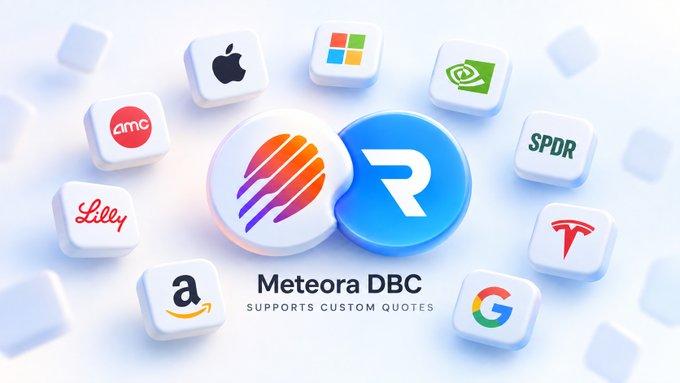 A promotional image for 'Meteora DBC' showing logos for AMC, Apple, Microsoft, NVIDIA, SPDR, Lilly, Amazon, Tesla, and Google arranged around a central stylized logo.