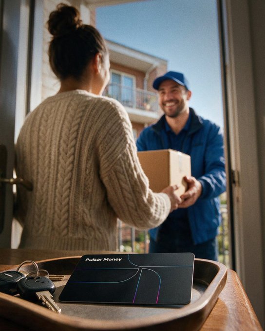A photograph shows a woman in a cream cable-knit sweater receiving a cardboard package from a smiling delivery man in a blue uniform at her door, with a black card reading 'Pulsar Money' and a set of keys resting on a wooden tray in the foreground.