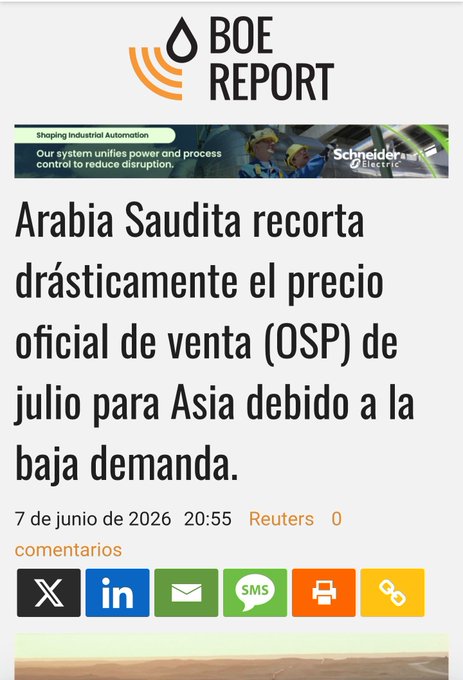 A BOE Report article dated June 7, 2026, with a Reuters byline, states that Saudi Arabia has drastically cut its July Official Selling Price (OSP) for Asia due to weak demand, illustrating the declining oil pricing context referenced in the accompanying post about Bitcoin and Saudi oil premiums being -$1.50 below the Oman/Dubai average.