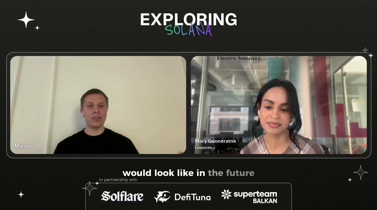 The image shows a man and woman sitting across from each other at a computer screen with their faces displayed on the screen. They appear to be engaged in an online video call or webinar, possibly discussing the topic of exploring Solana, a cryptocurrency. The background features a black wall with white stars, which could be part of the presentation design or simply a decorative element.