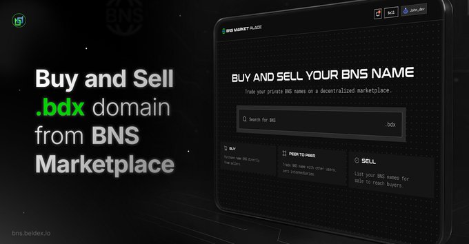 The image features an advertisement for a marketplace called "bdx" that allows users to buy and sell BNS identities, which are virtual assets used by businesses or individuals. The website has been recently launched, and there's a sense of excitement about the possibilities it offers in terms of expanding the ecosystem and creating more utility for users.
