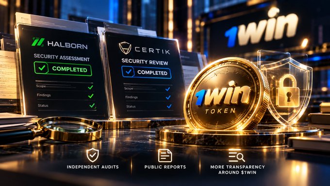 Security-focused promotional image for the 1win TOKEN displaying completed security assessment reports from Halborn and Certik on clipboards, alongside a magnifying glass and a glowing shield with a padlock, emphasizing 'INDEPENDENT AUDITS' and 'PUBLIC REPORTS'.