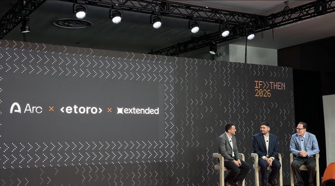 Three men in business casual attire seated on stage at the 'IF > THEN 2026' event, with a backdrop showing logos for 'Arc', 'etoro', and 'extended'.