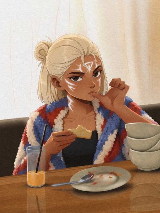 A digital illustration of a dark-skinned girl with white hair, facial markings, and a red, white, and blue cardigan eating toast at a table with stacked bowls.
