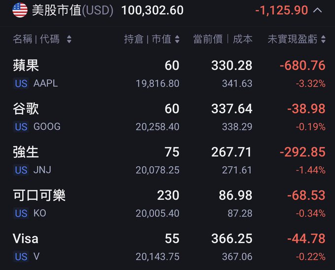 A stock portfolio dashboard in Chinese showing US stock holdings (AAPL, GOOG, JNJ, KO, V) with a total market value of $100,302.60 and an overall loss of -$1,125.90.