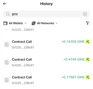 Mobile wallet history screen filtered for 'gme', showing three Contract Call entries with positive GME token amounts.