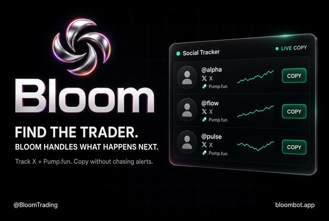 An advertisement for 'Bloom' trading bot that says 'FIND THE TRADER. BLOOM HANDLES WHAT HAPPENS NEXT.' and shows a Social Tracker for copy trading on Pump.fun.