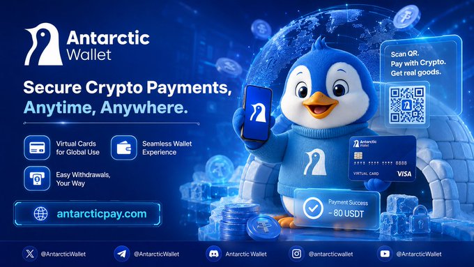 A promotional advertisement for 'Antarctic Wallet' featuring a cartoon penguin mascot, with text reading 'Secure Crypto Payments, Anytime, Anywhere' and 'antarcticpay.com'.