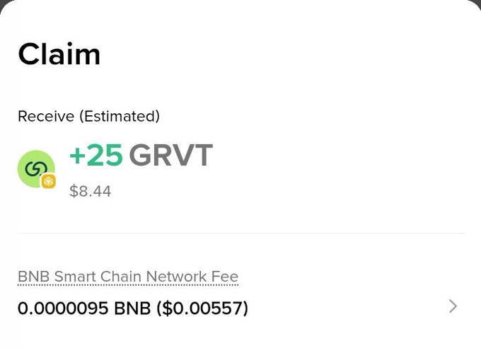 A "Claim" screen shows a pending reward of +25 GRVT tokens (~$8.44), with a BNB Smart Chain network fee of 0.0000095 BNB ($0.00557), corresponding to the post promoting a free $9 Binance Booster Event payout in $GRVT.