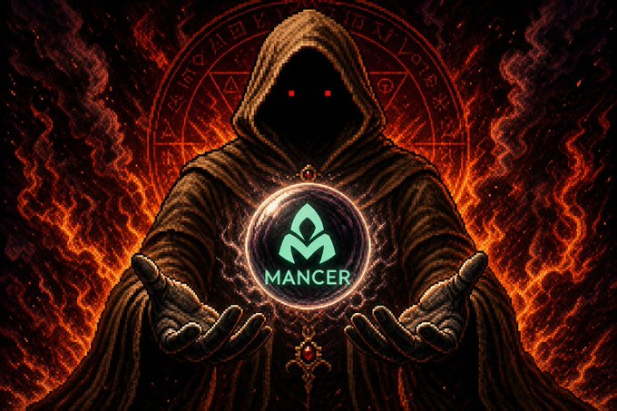 A hooded sorcerer conjures a glowing green orb emblazoned with the "MANCER" logo amid fiery runes and a demonic sigil, evoking the dark ritualistic vibe of summoning a new crypto token, fitting the bold claim of "I Bought Mancer Under 3ETH."