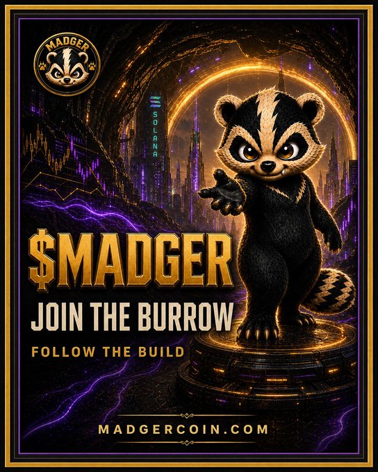 A promotional poster for '$MADGER' featuring an illustrated badger character with text 'JOIN THE BURROW' and 'FOLLOW THE BUILD' against a futuristic purple and gold cityscape, with the website MADGERCOIN.COM.
