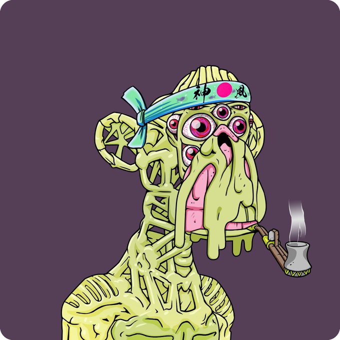 A surreal cartoon illustration of a yellow skeletal creature with multiple pink eyes, drooling, wearing a green headband with Japanese text (平和 and 風 with a red sun), and smoking a pipe against a dark background.