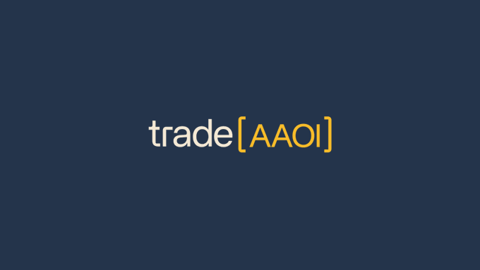 The image shows a dark navy background featuring the logo "trade[AAOI]" with "trade" in white and "[AAOI]" in orange brackets, promoting the availability of AAOI (Applied Optoelectronics) trading with 10x leverage available 24/7, 365 days a year.