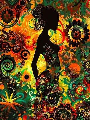 A vibrant, psychedelic illustration of a woman's silhouette adorned with intricate floral patterns, set against a kaleidoscopic background of swirling, colorful mandala designs.