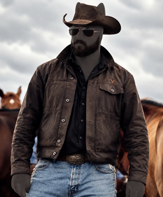 A man wearing a cowboy hat, sunglasses, dark shirt, and brown jacket with a steer logo, standing in front of horses.