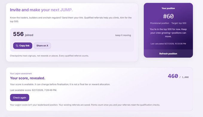 A referral/invite dashboard showing '556 joined' with a position rank of #60, and a Legion score of 460/1,000 that 'can change before finalisation,' with options to copy link and share.