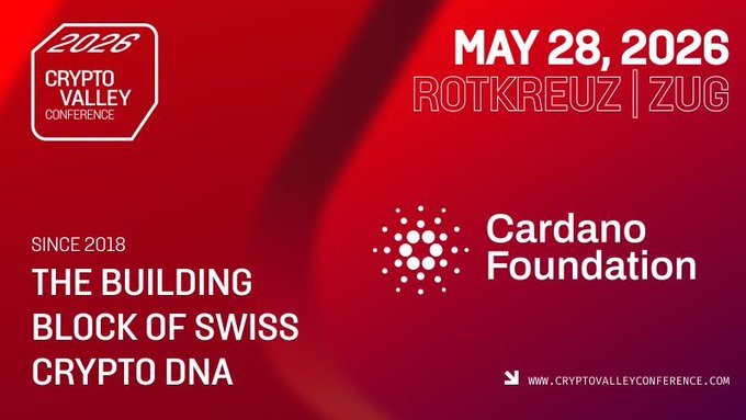 The image features a poster for an event called "The Cardano Foundation" that is taking place at Rotkreuz, Germany next week. The poster includes information about the conference's date, time, location, and sponsors. It also highlights three sessions scheduled for the day of the event.