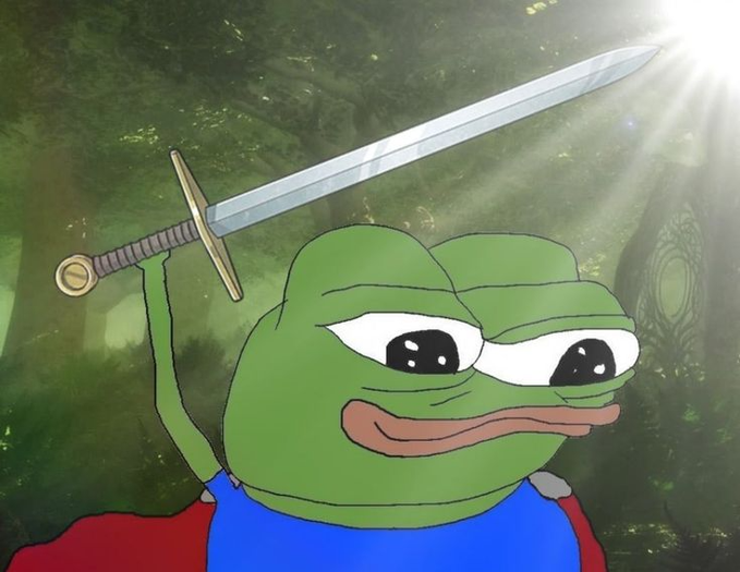 A cartoon image of a green Pepe the Frog character dressed in a blue and red outfit, holding up a sword in a forest setting with sunlight beaming from the upper right.
