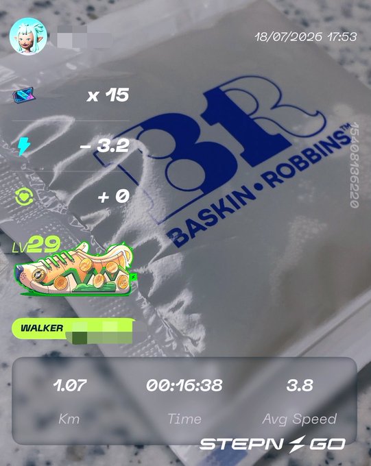 A STEPN GO fitness app screenshot from 18/07/2026 at 17:53, showing a 'WALKER' sneaker activity at Level 29, with stats including x15, -3.2, +0, 1.07 km, 00:16:38 time, and 3.8 avg speed, overlaid on a Baskin Robbins BR31 wrapper.