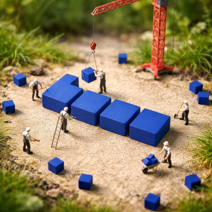 A miniature scene of construction workers building with blue blocks around a red crane on sandy ground surrounded by grass.