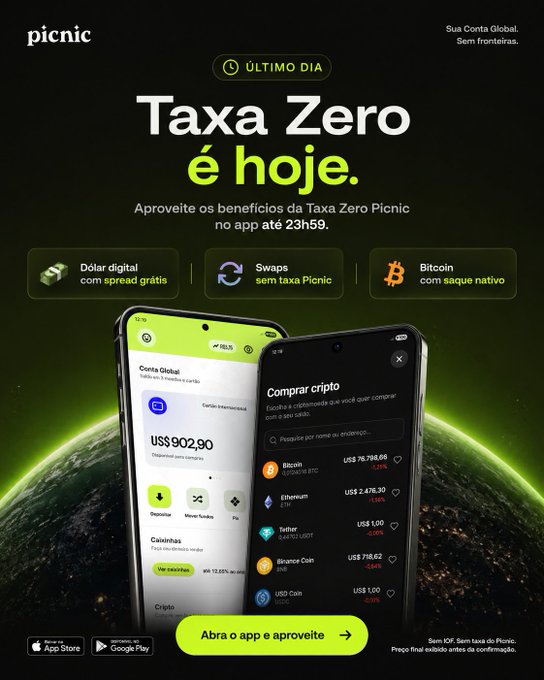 Portuguese-language advertisement for Picnic app announcing 'Taxa Zero é hoje' with details about zero fees on digital dollar, swaps, and Bitcoin, showing app screenshots.