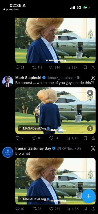 The image shows screenshots of tweets featuring a viral AI-generated image of Donald Trump with an enormous blonde bouffant hairstyle in front of Marine One, credited to "MAGADevilDog," with reactions from Mark Slapinski joking "Be honest... which one of you guys made this?!" and Iranian Zaitunay Bay commenting "bro what." The absurd over-the-top wig humor aligns perfectly with the "$wig" ticker, as the meme has become iconic crypto/internet culture content.