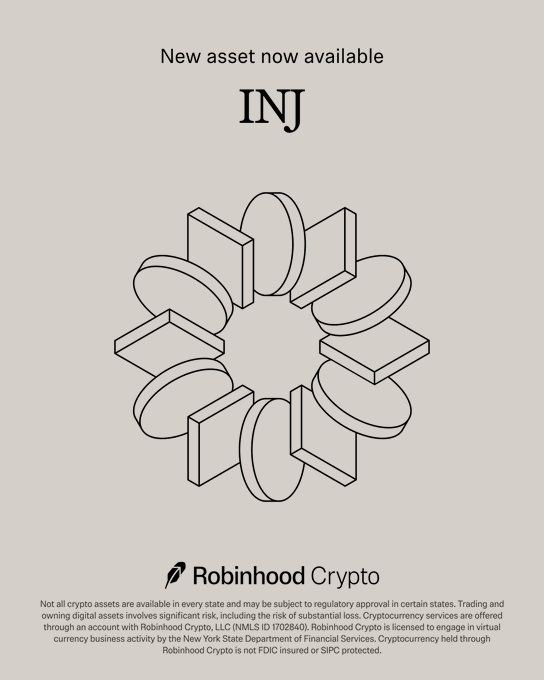 A Robinhood Crypto announcement graphic featuring the text "New asset now available" and the ticker "INJ," accompanied by a geometric 3D ring illustration, promoting the addition of Injective Protocol ($INJ) to their trading platform.