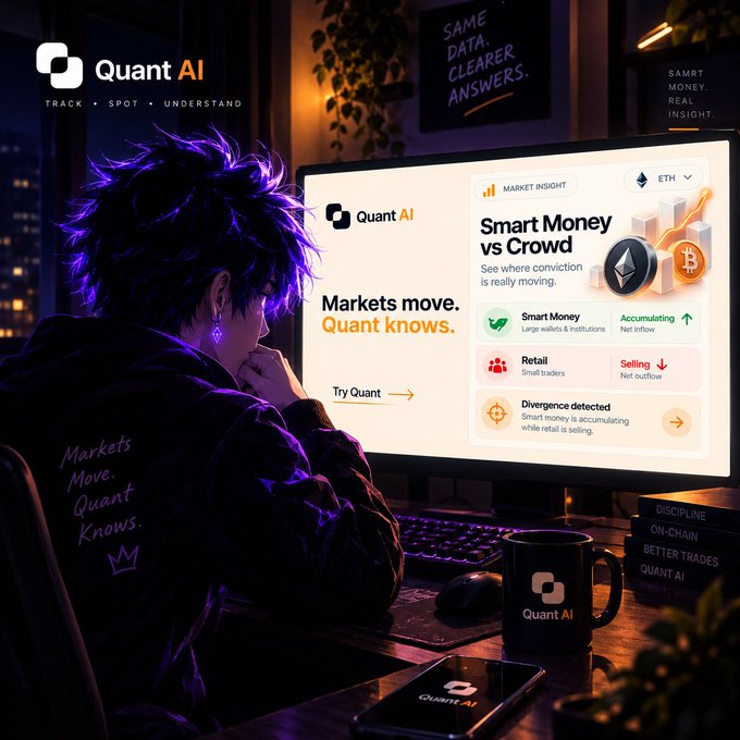 A promotional image for 'Quant AI' showing an anime-style character with purple hair looking at a monitor displaying market insights with text including 'Markets move. Quant knows.', 'Smart Money vs Crowd', and tags like 'Accumulating', 'Selling', and 'Divergence detected'.