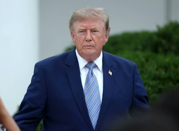A photo of Donald Trump wearing a navy blue suit and a light blue striped tie with an American flag lapel pin, standing outdoors with green hedges and a white building in the background.