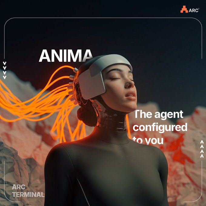 Promotional graphic for 'ANIMA' by ARC Terminal, featuring a futuristic figure with a VR headset and orange cables, with the tagline 'The agent configured to you'.