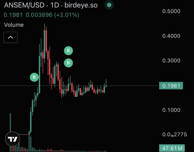 A daily (1D) ANSEM/USD price chart from birdeye.so showing the token's current price at $0.1981, up 2.01% ($0.003896), with historical peaks near $0.45 and three "B" markers indicating labeled buy points, responding to a post asking who is still holding $ANSEM as the chart shows a significant downtrend from its highs.