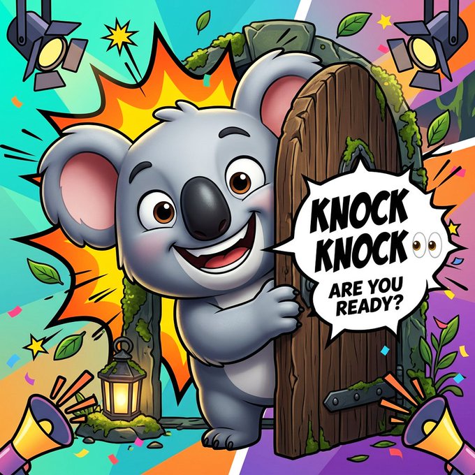 The image features a cartoon koala holding an open door with a message that reads " Knock Knock Are You Ready?". The koala appears to be standing next to a lantern, which adds to the overall theme of the scene. The background includes a colorful explosion, suggesting a sense of excitement or adventure. The post is about mints and their launch on August 4th at 11 PM Eastern Time (4 PM Central Time) in the United States.