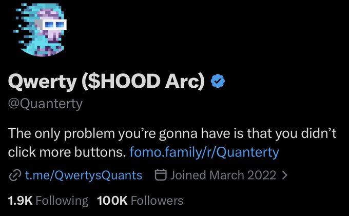 A Twitter/X profile for "Qwerty ($HOOD Arc)" (@Quanterty) displays 100K followers and 1.9K following, alongside the post's celebratory message marking the milestone of reaching 100,000 followers after evolving from a modest start of 41 followers four years ago.
