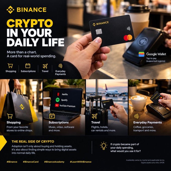 A Binance promotional graphic titled "Crypto in Your Daily Life" showcases the Binance Card being held at a checkout terminal, with usage examples including shopping, subscriptions, travel, and everyday payments—directly illustrating the post's message about making digital assets usable for real-world spending beyond just monitoring charts.