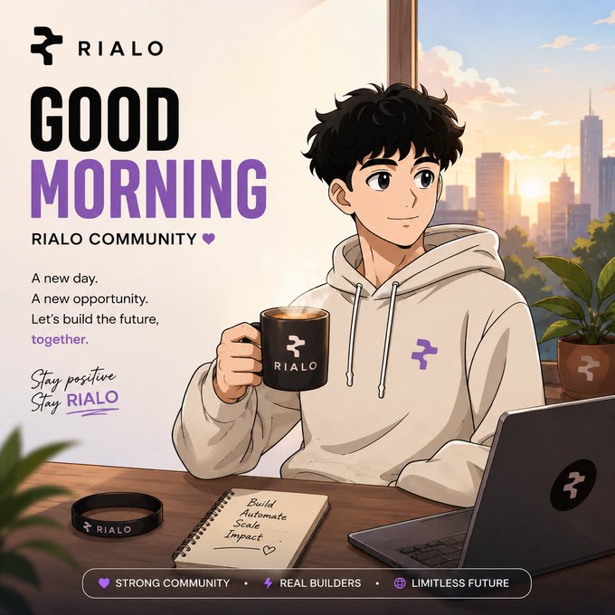 An anime-style illustration with 'RIALO' branding featuring a young man holding a coffee mug, with text reading 'GOOD MORNING RIALO COMMUNITY' and 'A new day. A new opportunity. Let's build the future, together.'
