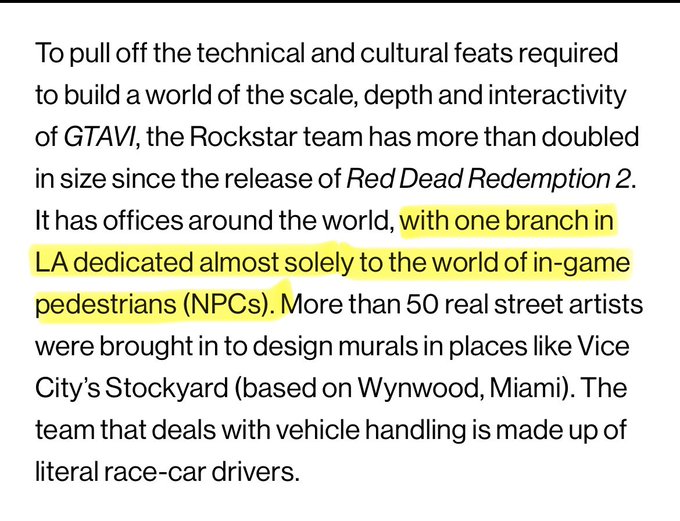 The image shows a highlighted text excerpt about Rockstar Games' development of GTA VI, specifically noting that "one branch in LA dedicated almost solely to the world of in-game pedestrians (NPCs)." 

The caption relates to the post by emphasizing the significant role NPCs play in game development, supporting the $NPC cryptocurrency community's claim that non-player characters are foundational to gaming worlds.