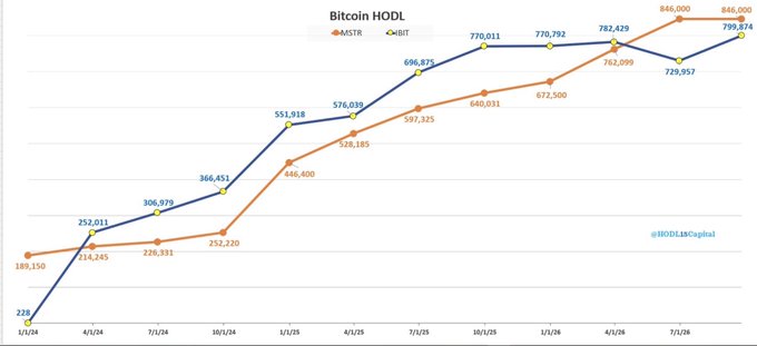 The chart titled "Bitcoin HODL" tracks the cumulative Bitcoin holdings of $MSTR (MicroStrategy) and $IBIT (BlackRock's Bitcoin ETF) from January 2024 to July 2026, with $IBIT leading throughout and reaching 799,874 BTC versus $MSTR's 846,000 BTC by the end of the period. The "race to 1 Nakamoto" caption highlights the competitive accumulation between these two major Bitcoin holders, with both nearing the 1 million BTC milestone.