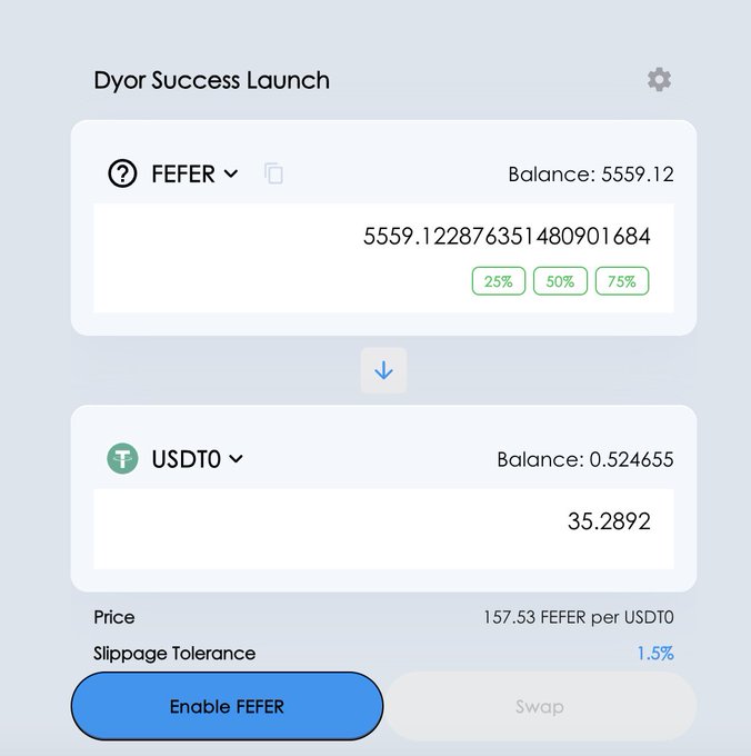 This image shows a cryptocurrency exchange interface, with a user swapping USDT0 for FEFER at a price of 157.53 FEFER per USDT0. The post expresses excitement about the accessibility and affordability of FEFER, a meme cryptocurrency.