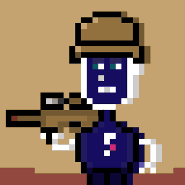 A pixel art animation of a blue character wearing a tan hat and vest, holding what appears to be a rifle, with a question mark on its chest.