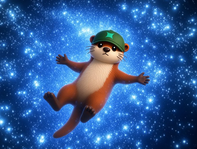 A 3D-rendered cartoon otter wearing a green star-emblazoned cap floats weightlessly against a sparkling blue starry background with arms and legs outstretched.