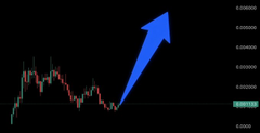 A simple stock/crypto price chart with red and green candlesticks and a large blue upward-pointing arrow indicating a price increase.