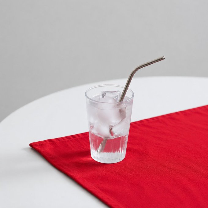 A clear glass filled with ice water and a metal straw rests on a red placemat atop a white round table.