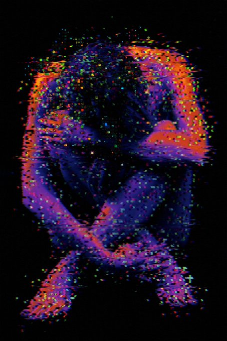 A stylized, glitch-art digital illustration of an anonymous mask in vibrant purple, blue, red, and green pixelated colors against a black background.