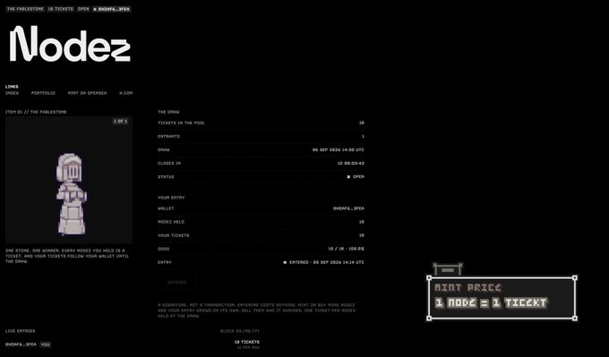 A dark-themed webpage for "Nodez" displays a pixel-art knight character NFT ("The Fablestone") with a "Mint Price: 1 Node = 1 Ticket" badge, listing ticket details including 16 tickets held, a drawing date of Sep 30, 2026, and wallet ending "@NODEZ_OPK."