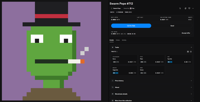 A pixel-art NFT of a green character wearing a top hat and smoking a cigarette is displayed on a marketplace listing for 'Swarm Pepe #712'.