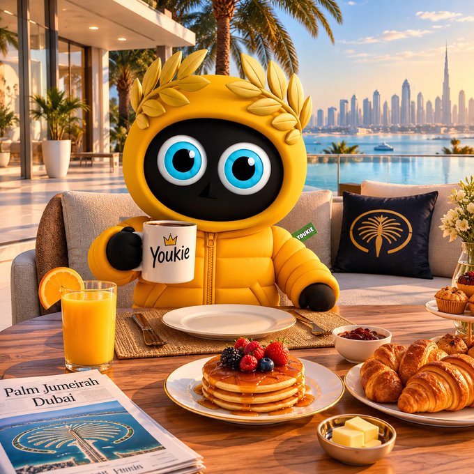 An AI-generated image of a black character in a yellow hooded jacket with a laurel wreath, holding a mug labeled "Youkie," seated at a luxurious breakfast spread with pancakes, croissants, and orange juice, set against a Dubai skyline with a newspaper reading "Palm Jumeirah Dubai."