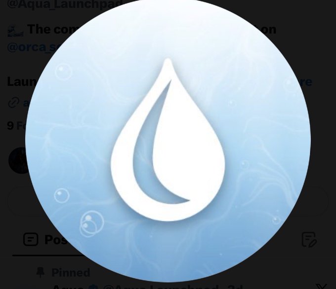 The image displays the Aqua Launchpad logo—a white water droplet inside a light blue circular background—superimposed over a partially visible social media post discussing the launchpad's presence on the ORCA platform and various earning opportunities.