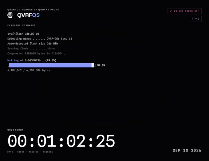 A firmware flashing screen for 'QVRFOS QUANTUM ECHOES BY QUIP NETWORK' showing the writing progress at 99.8% to address 0x683FD736, with a countdown timer at 00:01:02:25 and the date SEP 10 2026.