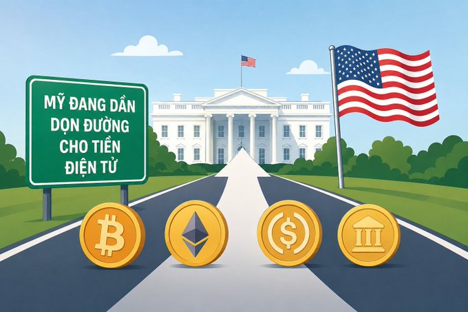 A digital illustration showing the White House with an American flag, accompanied by a green road sign with Vietnamese text about electronic currency regulations, and four cryptocurrency coins (Bitcoin, Ethereum, USD, and a bank symbol) on a road.
